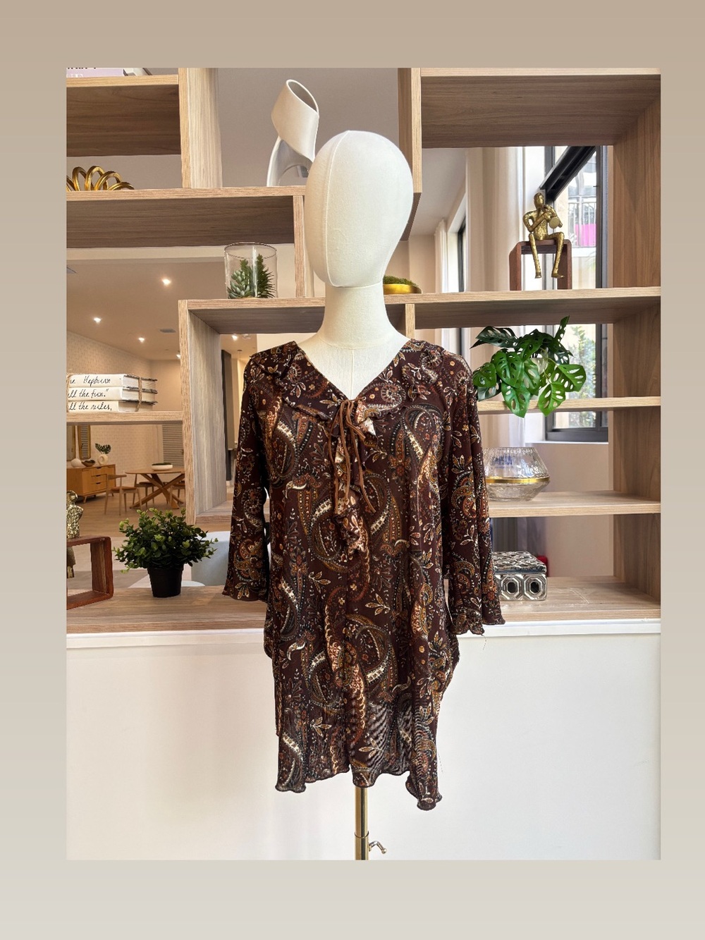 Brown Paisley Tie-Neck Tunic Top
